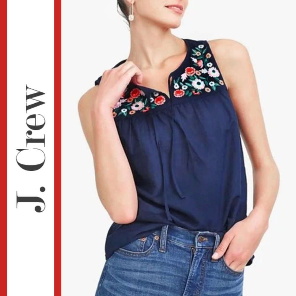 J. Crew | Floral Embroidered Tie-Neck Top